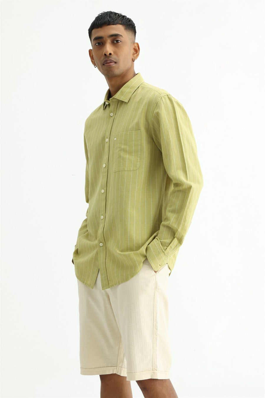 BASICS SLIM FIT YELLOW COTTON LINEN STRIPE SHIRT
