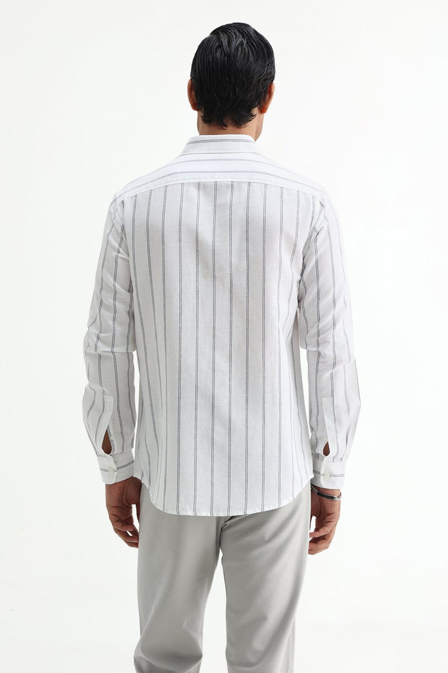 BASICS SLIM FIT GREY COTTON LINEN STRIPE SHIRT