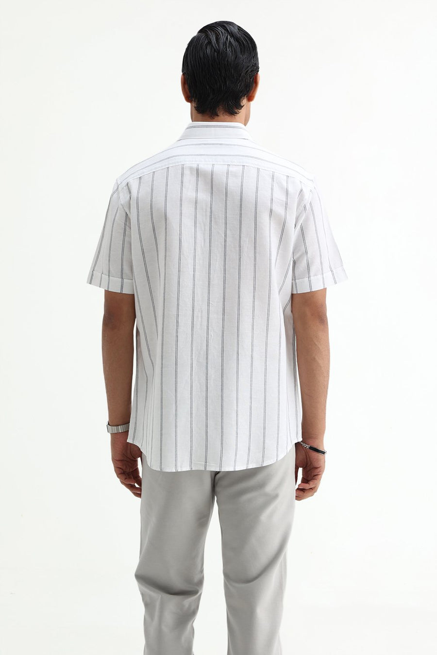 BASICS SLIM FIT GREY COTTON LINEN STRIPE HALFSLEEVES SHIRT