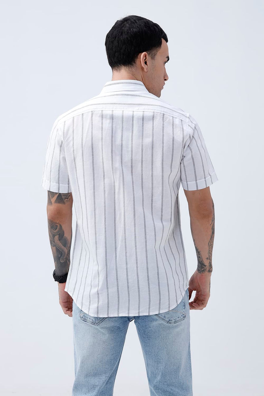 BASICS SLIM FIT GREY COTTON LINEN STRIPE HALFSLEEVES SHIRT
