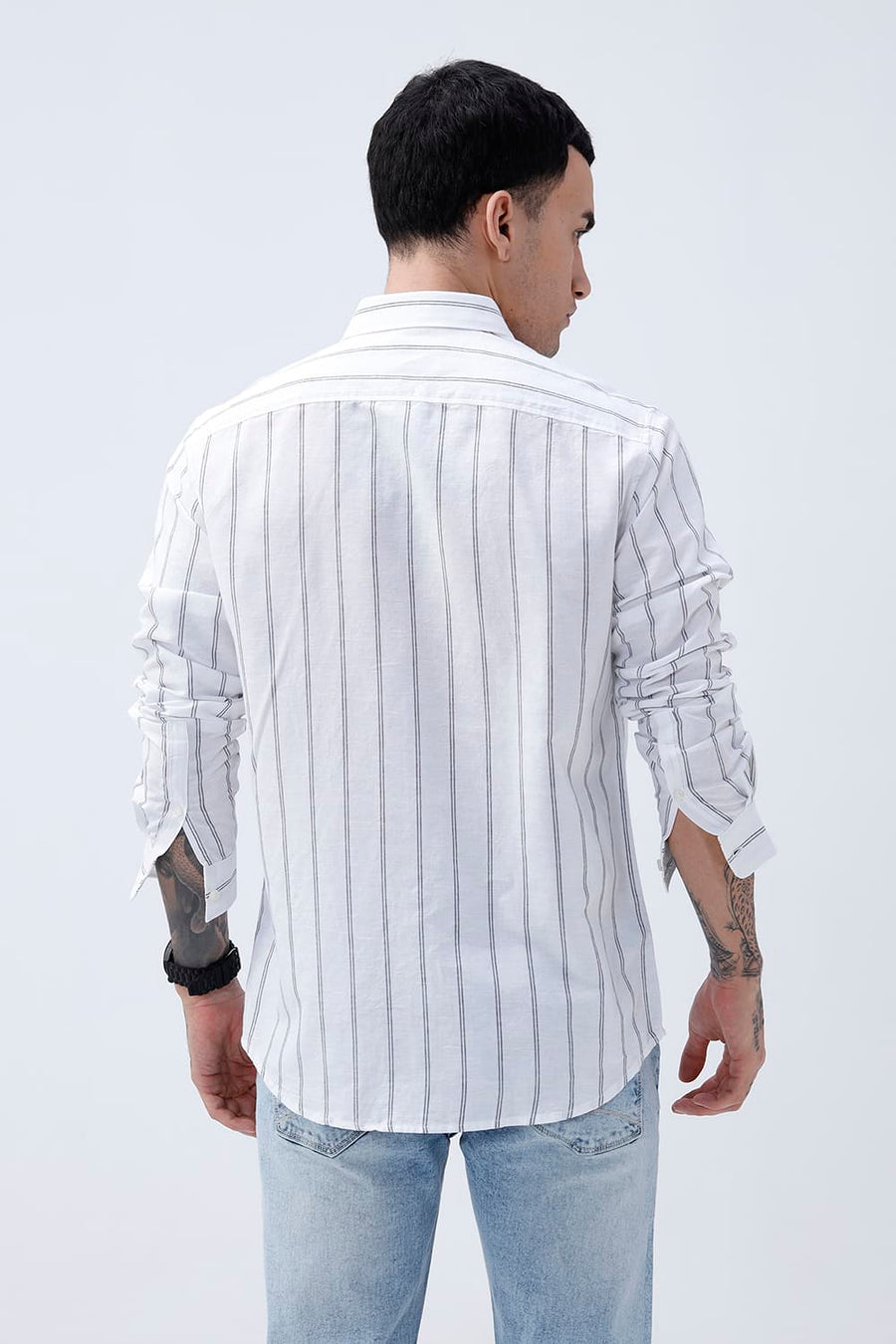 BASICS SLIM FIT GREY COTTON LINEN STRIPE SHIRT