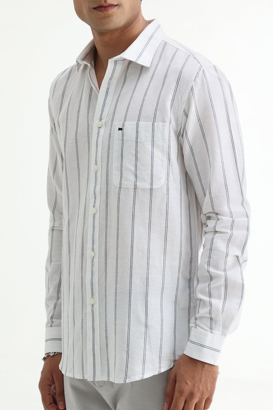 BASICS SLIM FIT GREY COTTON LINEN STRIPE SHIRT