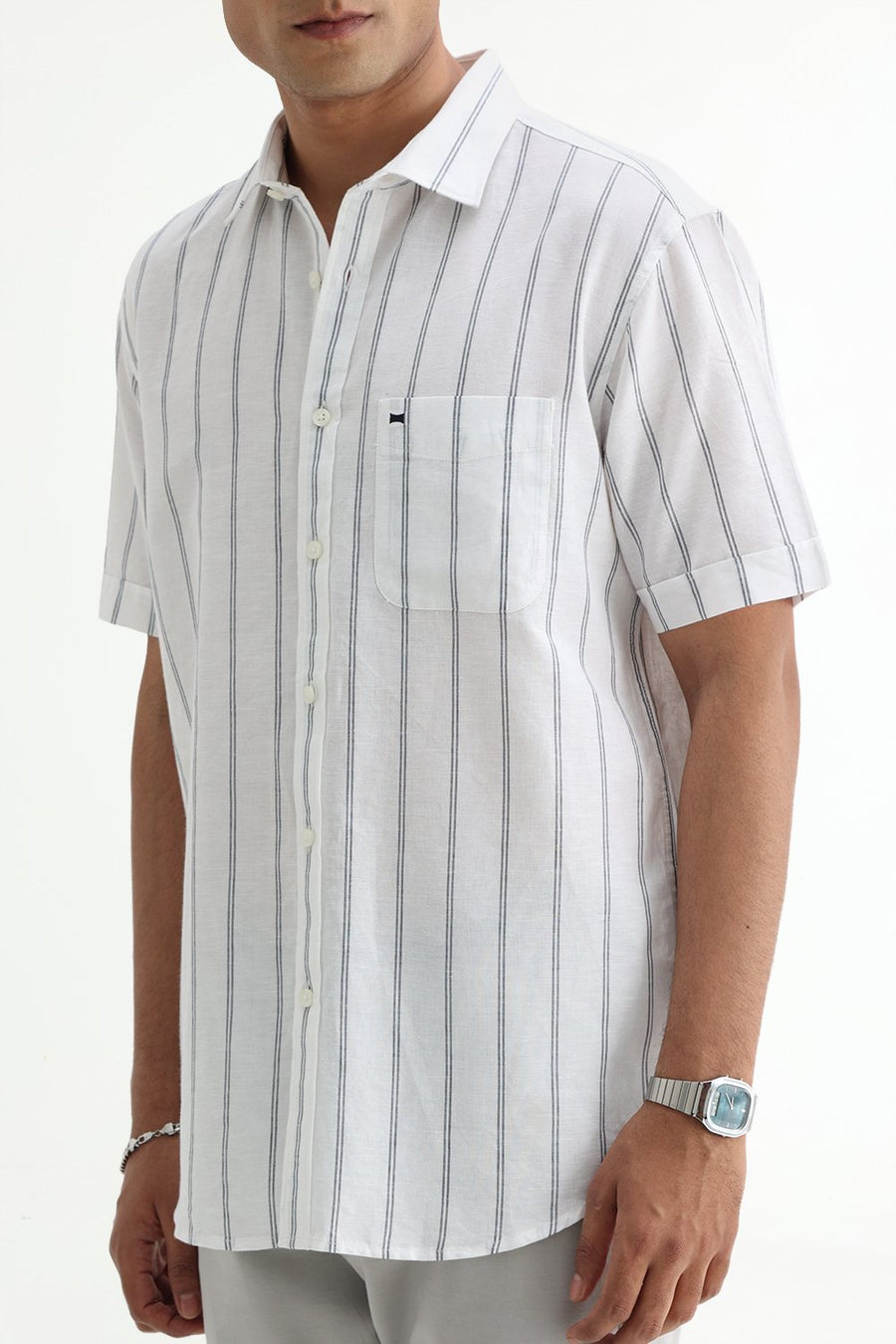 BASICS SLIM FIT GREY COTTON LINEN STRIPE HALFSLEEVES SHIRT