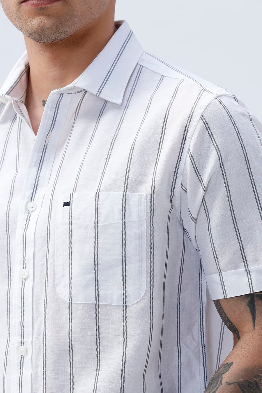 BASICS SLIM FIT GREY COTTON LINEN STRIPE HALFSLEEVES SHIRT