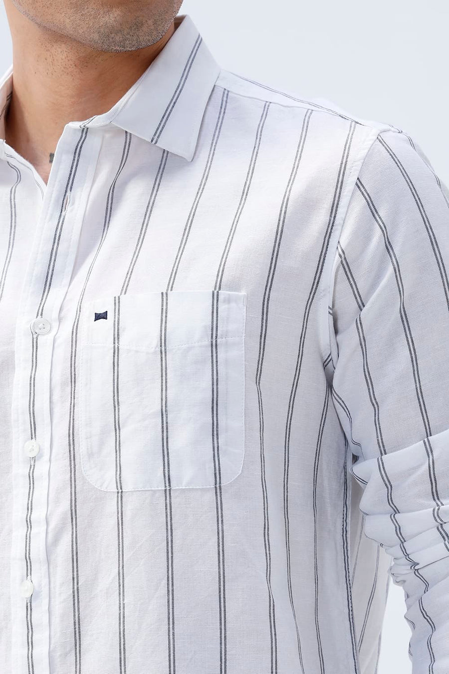 BASICS SLIM FIT GREY COTTON LINEN STRIPE SHIRT