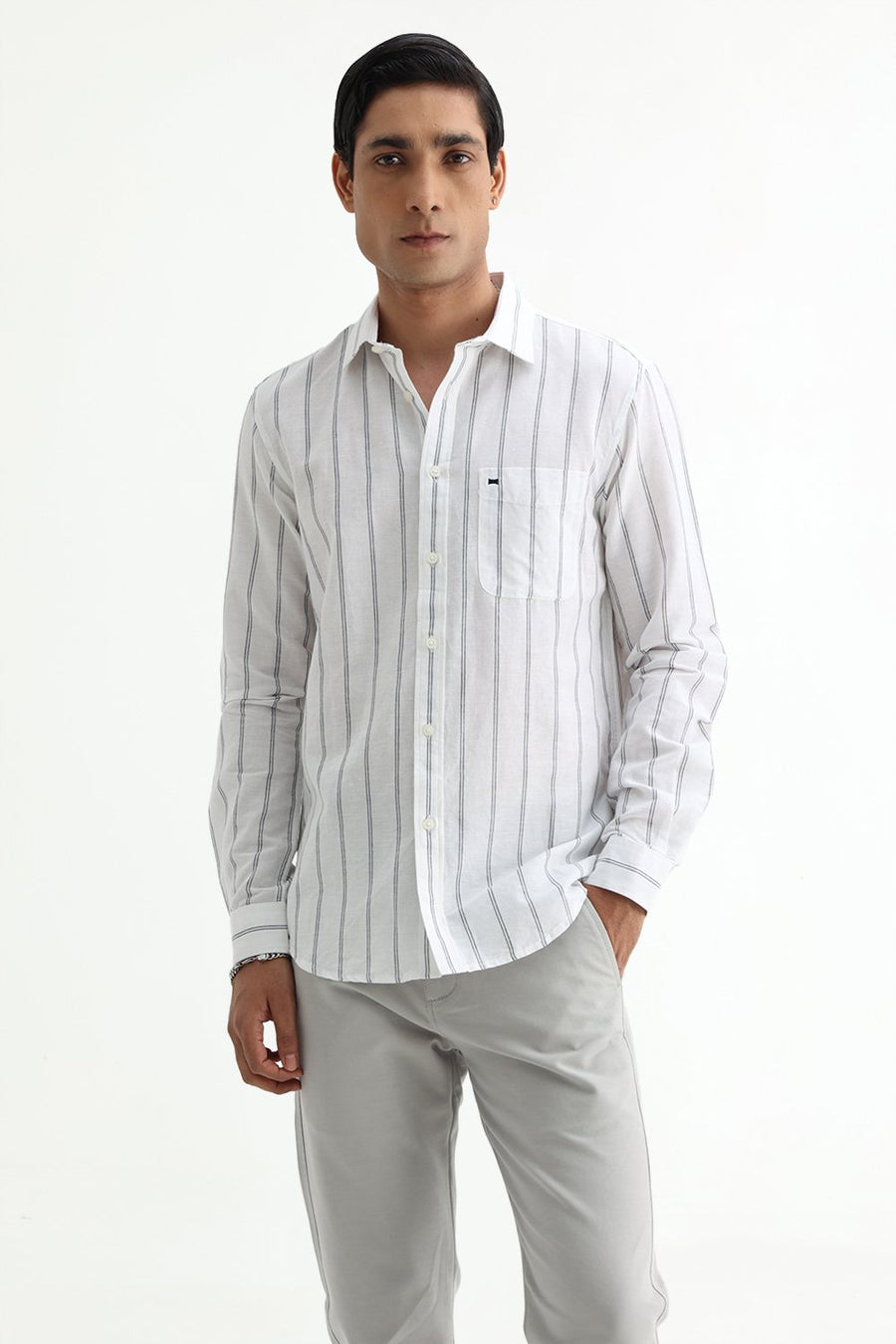 BASICS SLIM FIT GREY COTTON LINEN STRIPE SHIRT
