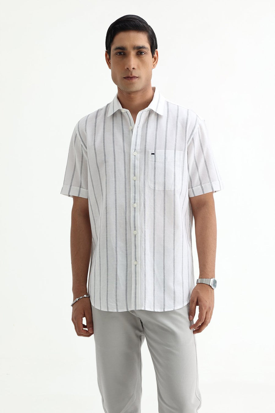 BASICS SLIM FIT GREY COTTON LINEN STRIPE HALFSLEEVES SHIRT