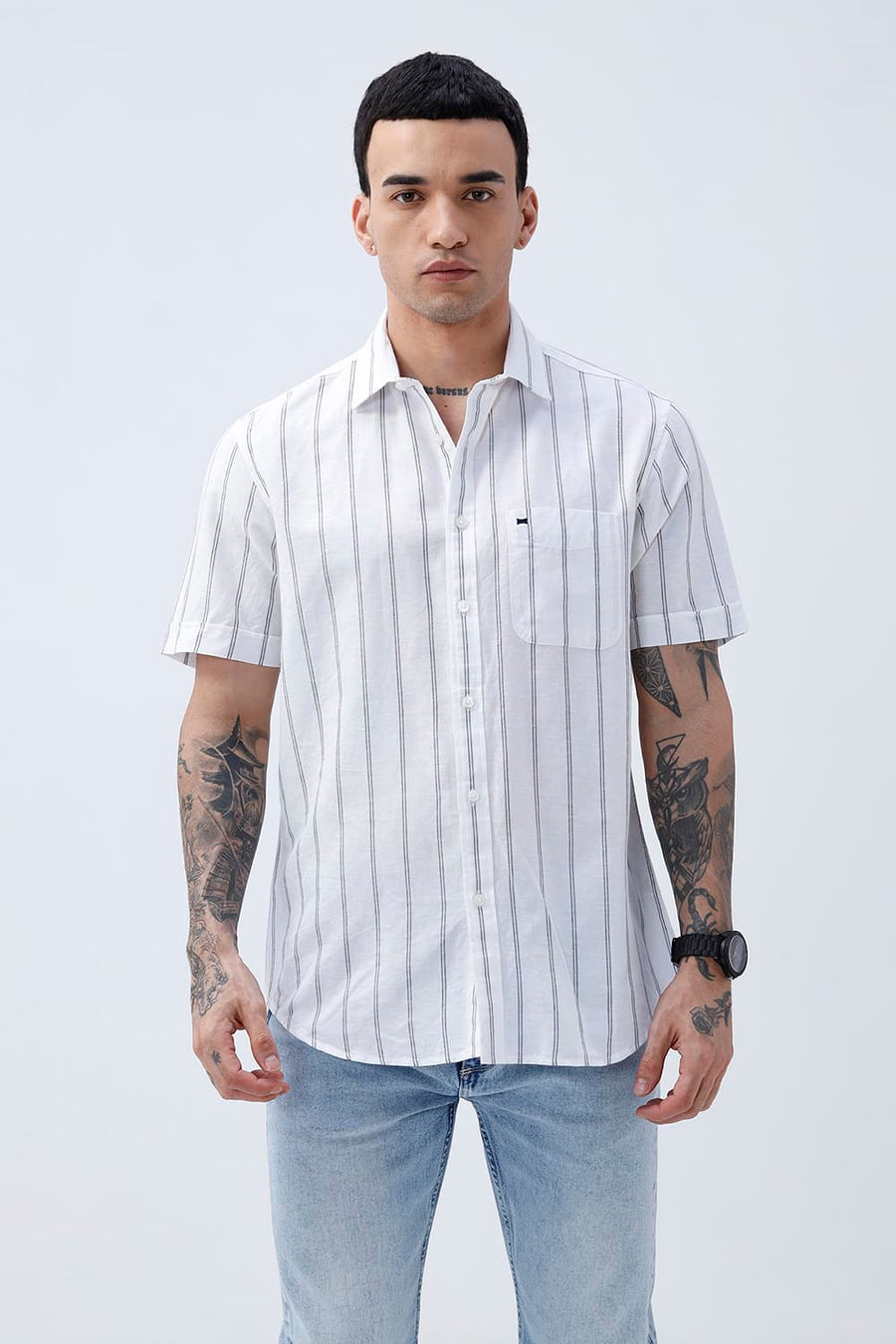 BASICS SLIM FIT GREY COTTON LINEN STRIPE HALFSLEEVES SHIRT