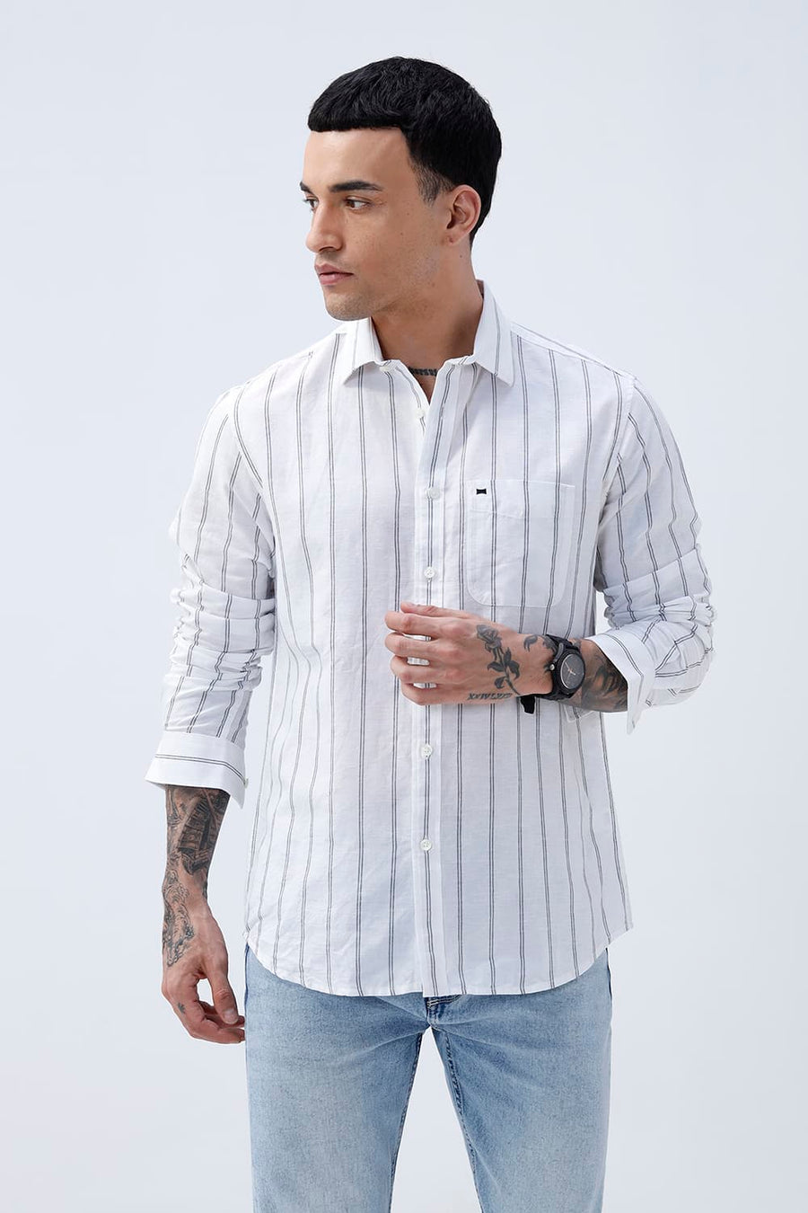 BASICS SLIM FIT GREY COTTON LINEN STRIPE SHIRT
