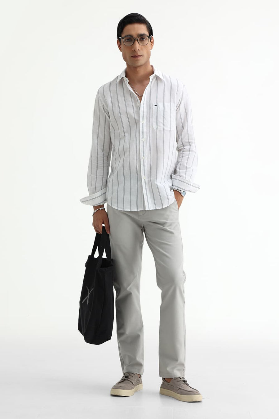 BASICS SLIM FIT GREY COTTON LINEN STRIPE SHIRT