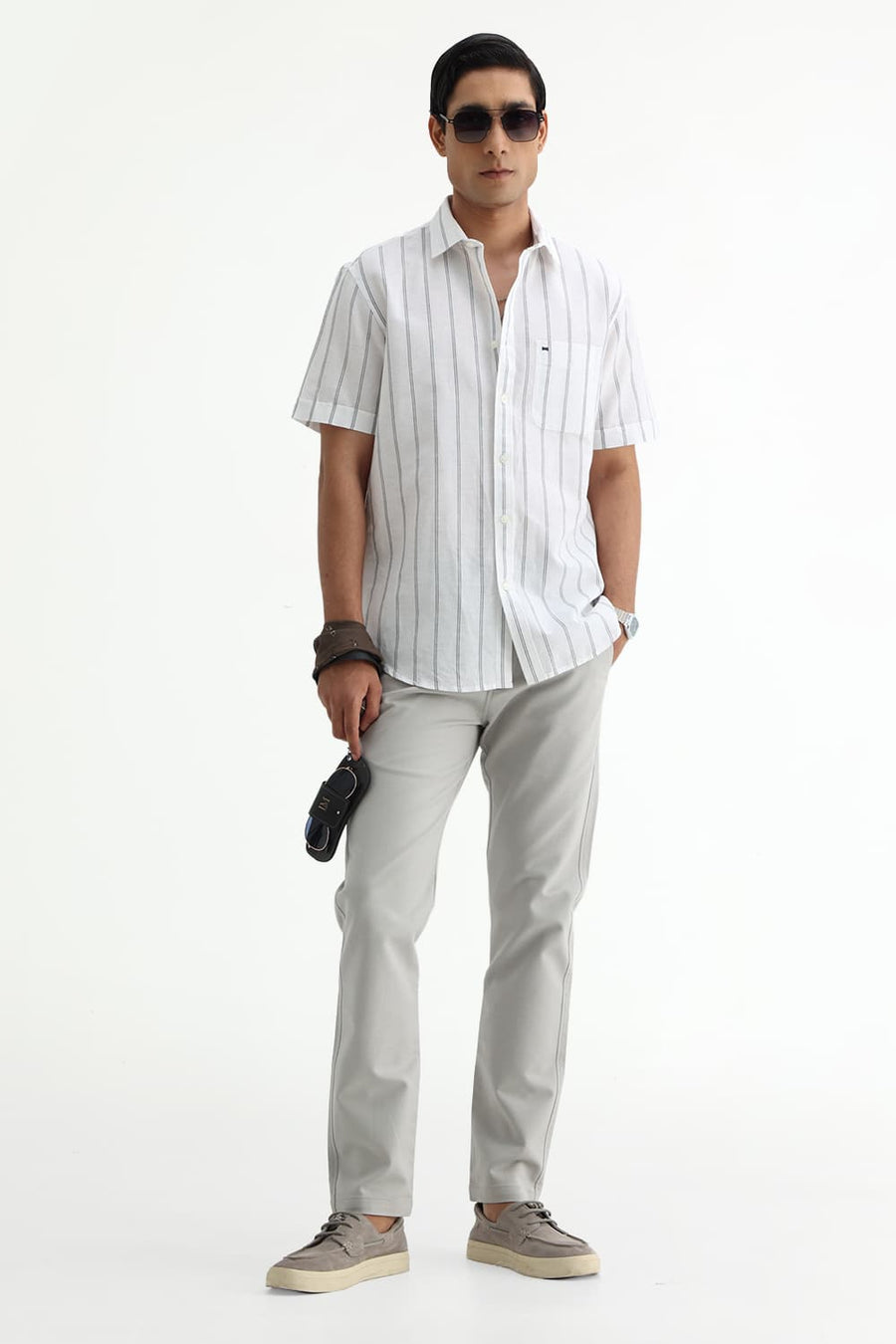 BASICS SLIM FIT GREY COTTON LINEN STRIPE HALFSLEEVES SHIRT