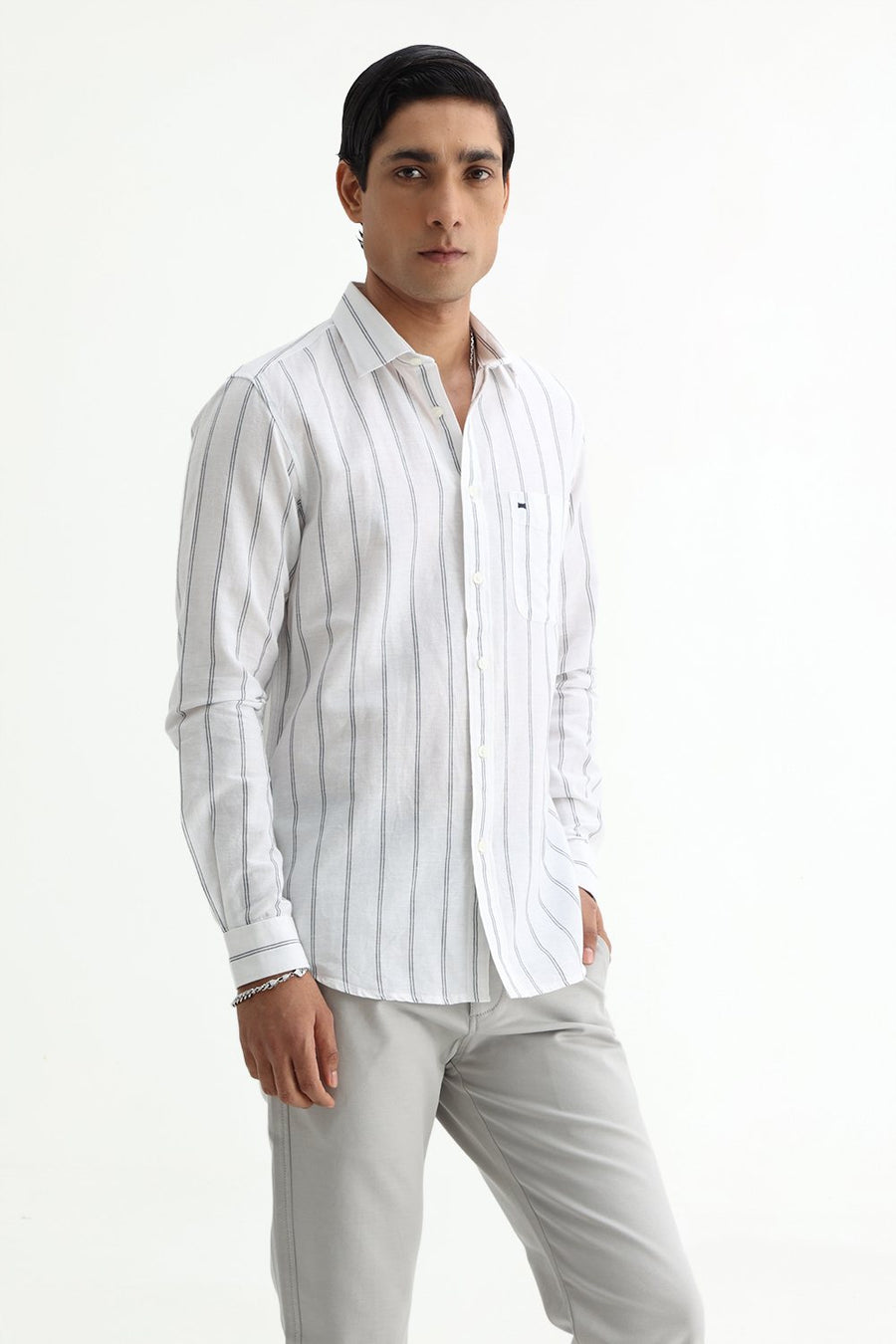 BASICS SLIM FIT GREY COTTON LINEN STRIPE SHIRT