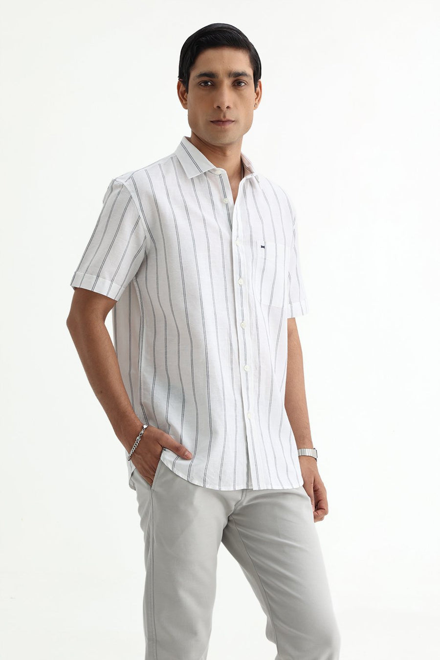 BASICS SLIM FIT GREY COTTON LINEN STRIPE HALFSLEEVES SHIRT