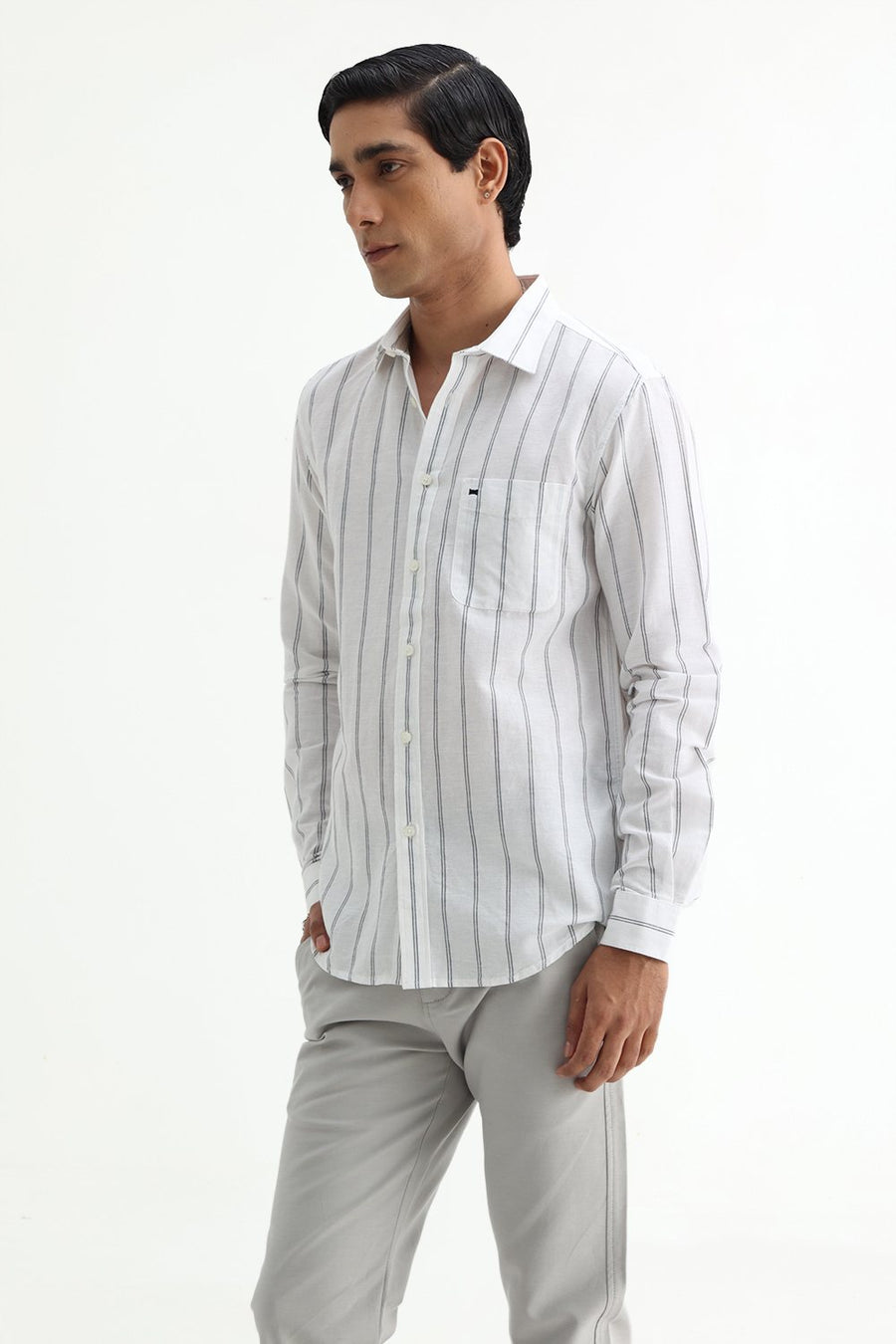 BASICS SLIM FIT GREY COTTON LINEN STRIPE SHIRT