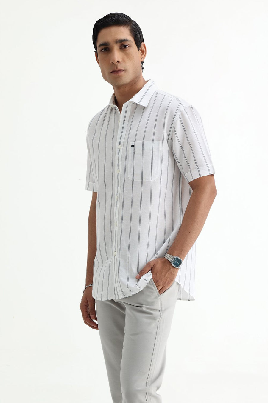 BASICS SLIM FIT GREY COTTON LINEN STRIPE HALFSLEEVES SHIRT