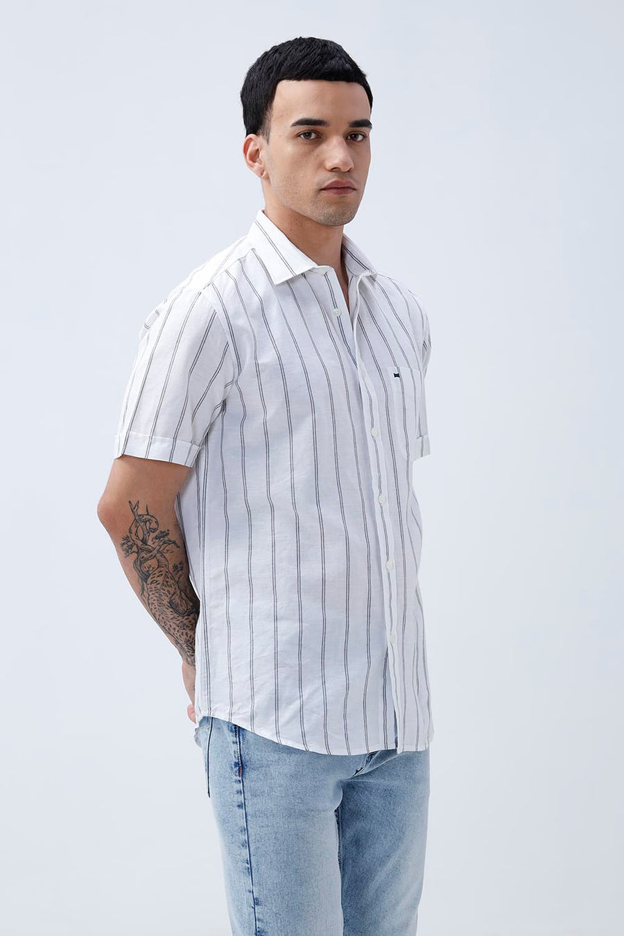 BASICS SLIM FIT GREY COTTON LINEN STRIPE HALFSLEEVES SHIRT