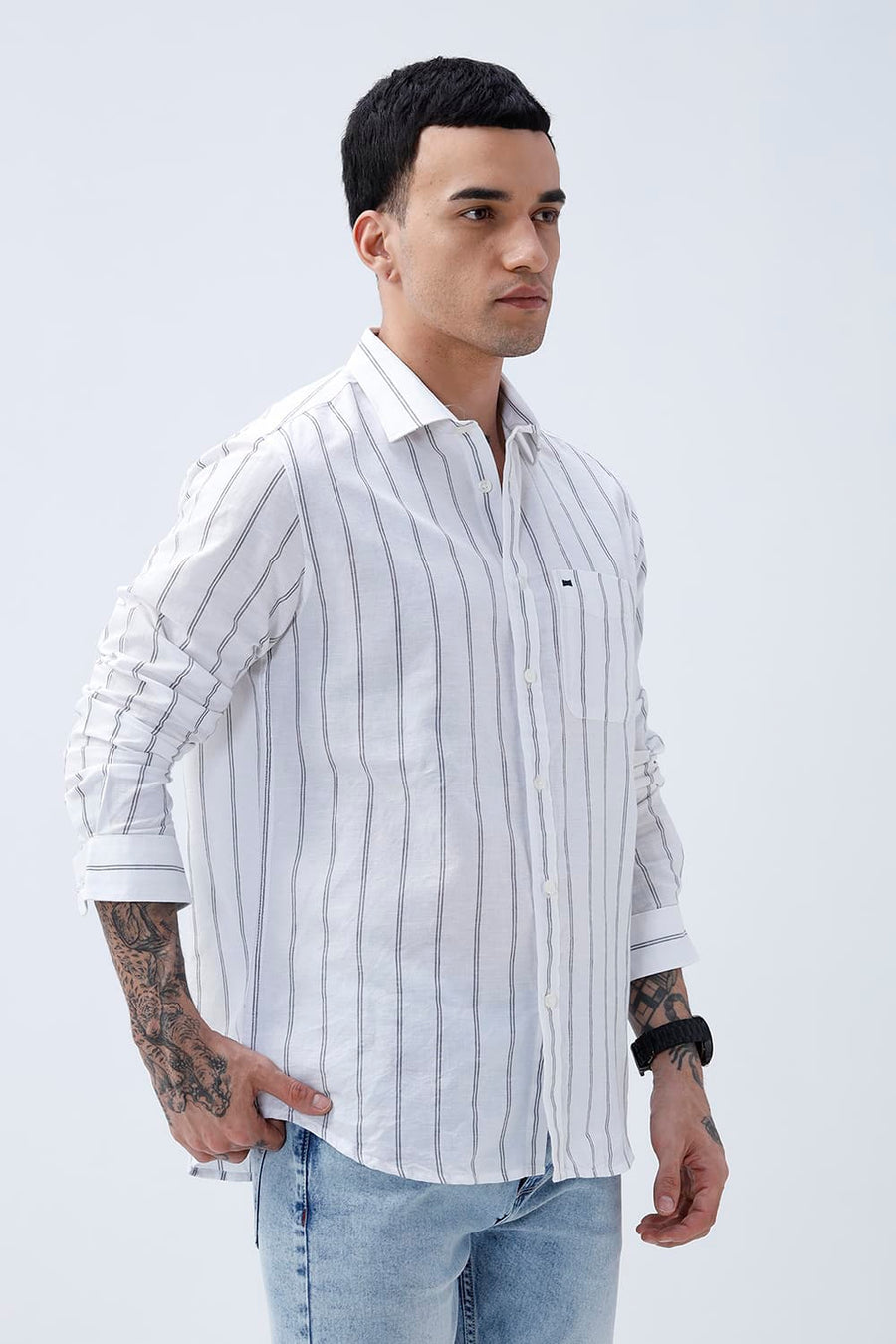 BASICS SLIM FIT GREY COTTON LINEN STRIPE SHIRT