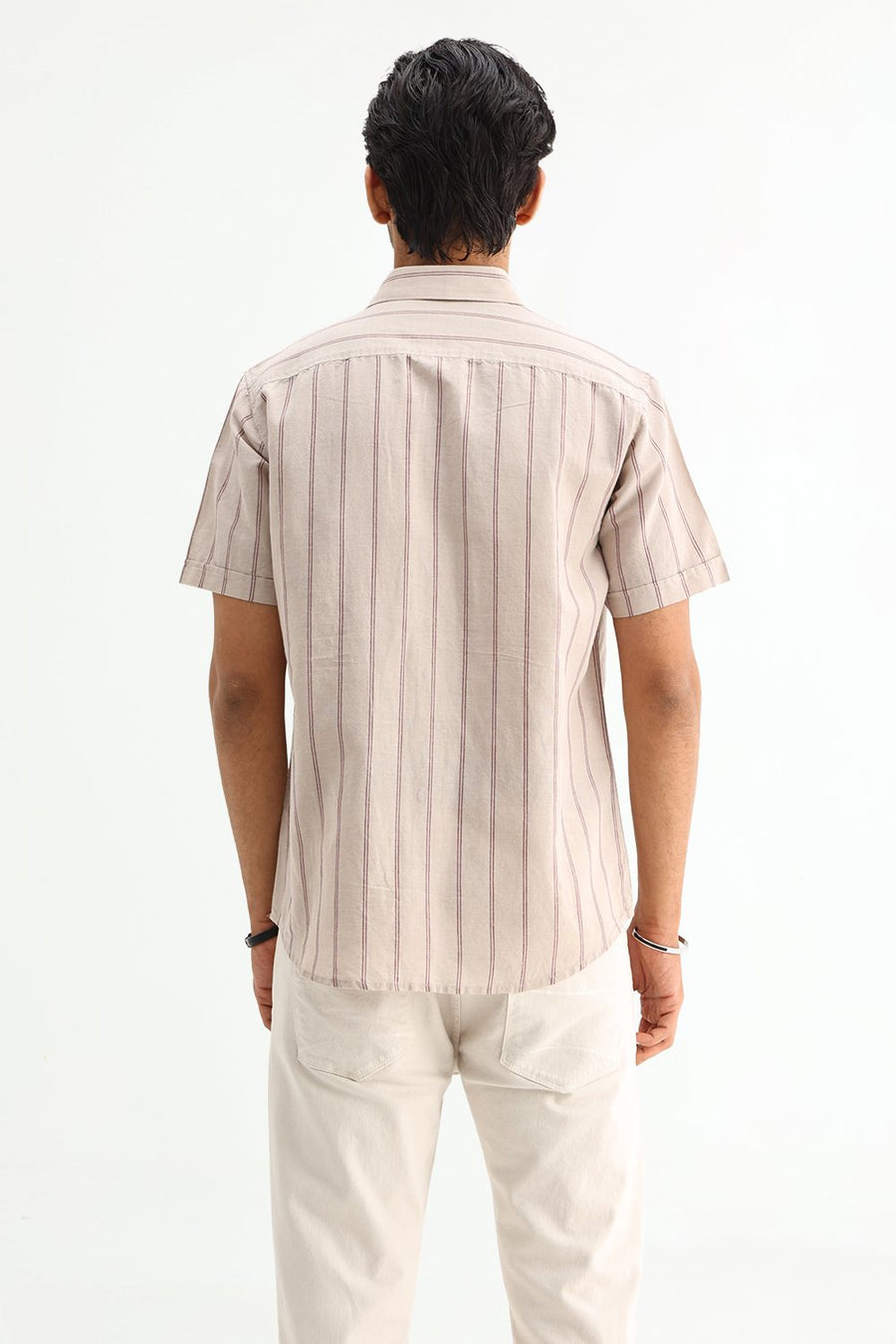 BASICS SLIM FIT BLUE COTTON LINEN STRIPE SHIRT