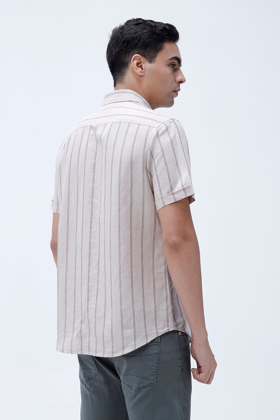 BASICS SLIM FIT BLUE COTTON LINEN STRIPE HALFSLEEVES SHIRT