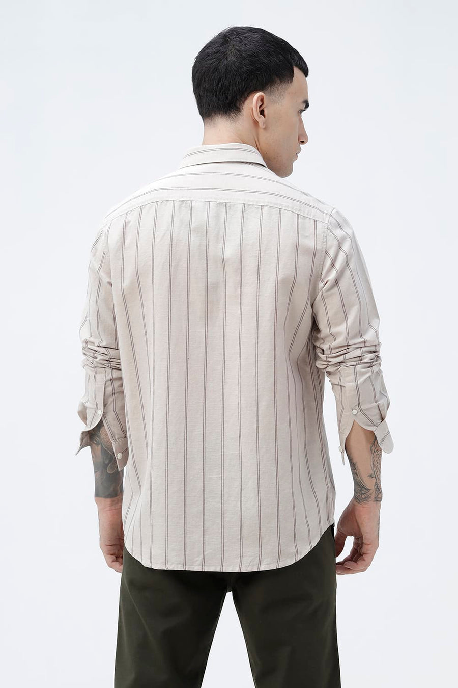 BASICS SLIM FIT BLUE COTTON LINEN STRIPE SHIRT