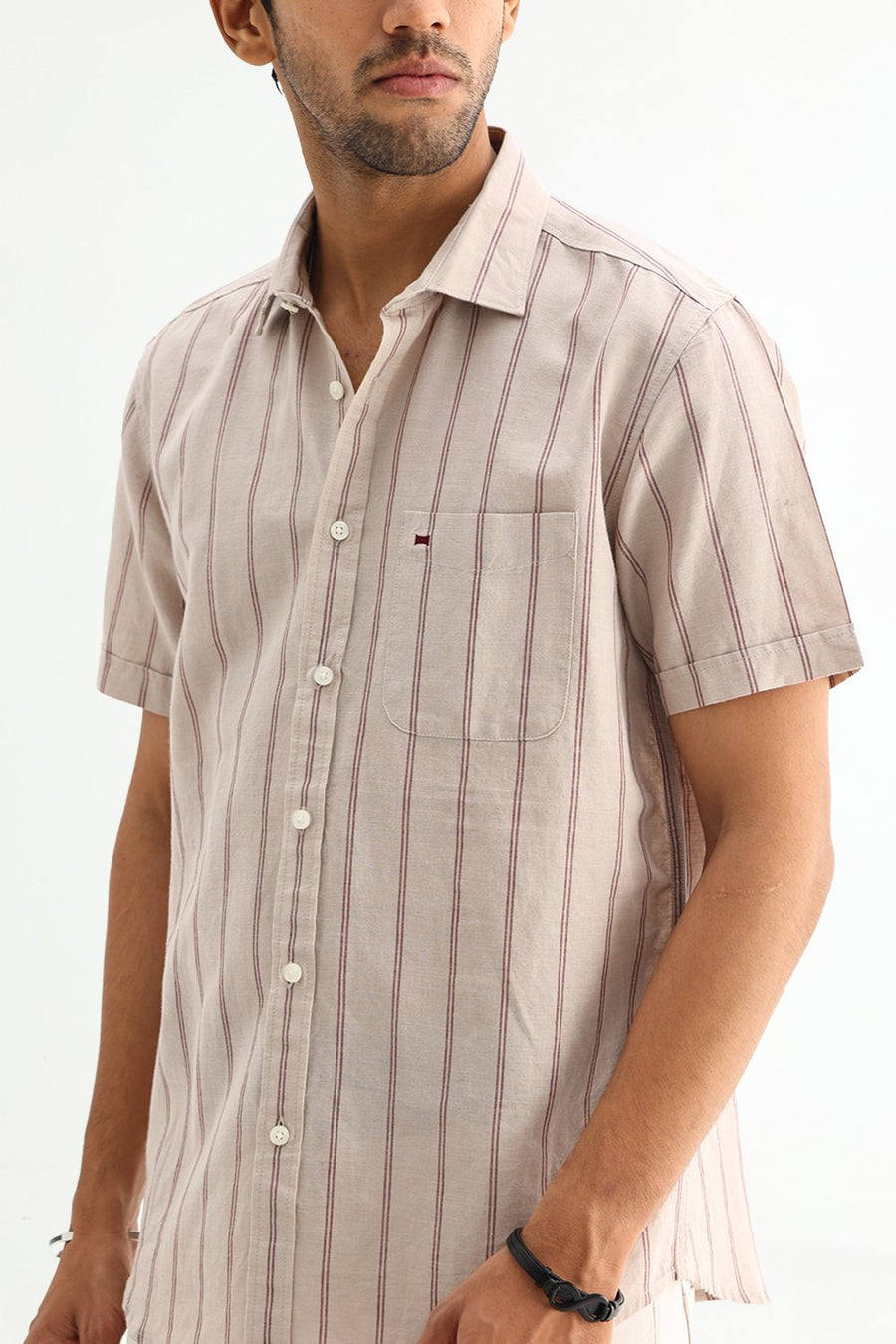 BASICS SLIM FIT BLUE COTTON LINEN STRIPE SHIRT