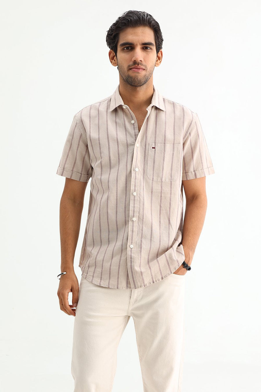 BASICS SLIM FIT BLUE COTTON LINEN STRIPE SHIRT