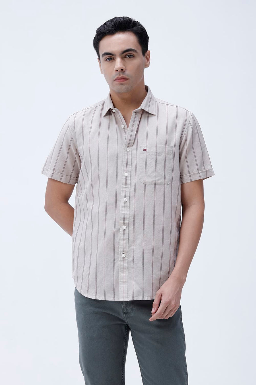 BASICS SLIM FIT BLUE COTTON LINEN STRIPE HALFSLEEVES SHIRT
