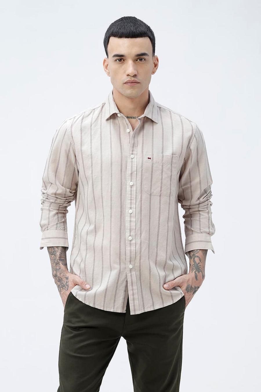 BASICS SLIM FIT BLUE COTTON LINEN STRIPE SHIRT