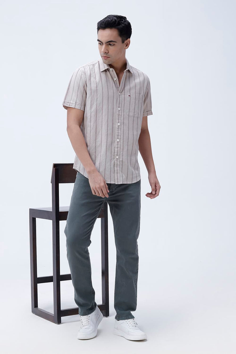 BASICS SLIM FIT BLUE COTTON LINEN STRIPE HALFSLEEVES SHIRT