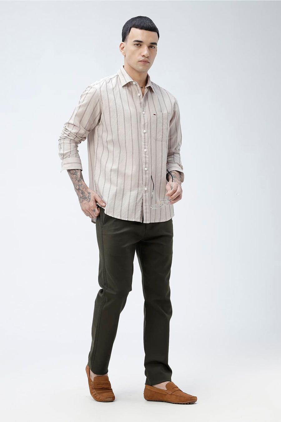 BASICS SLIM FIT BLUE COTTON LINEN STRIPE SHIRT