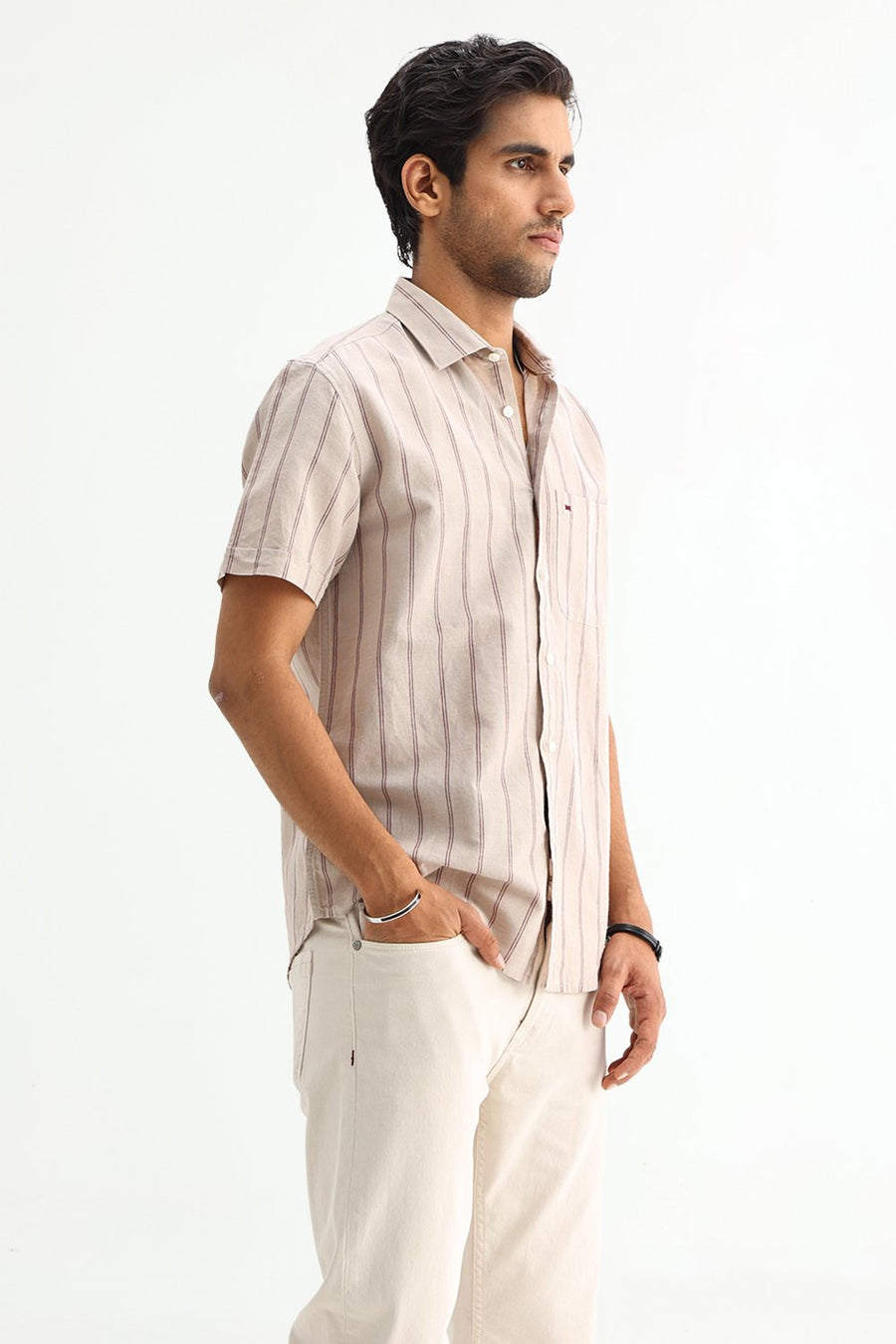 BASICS SLIM FIT BLUE COTTON LINEN STRIPE SHIRT