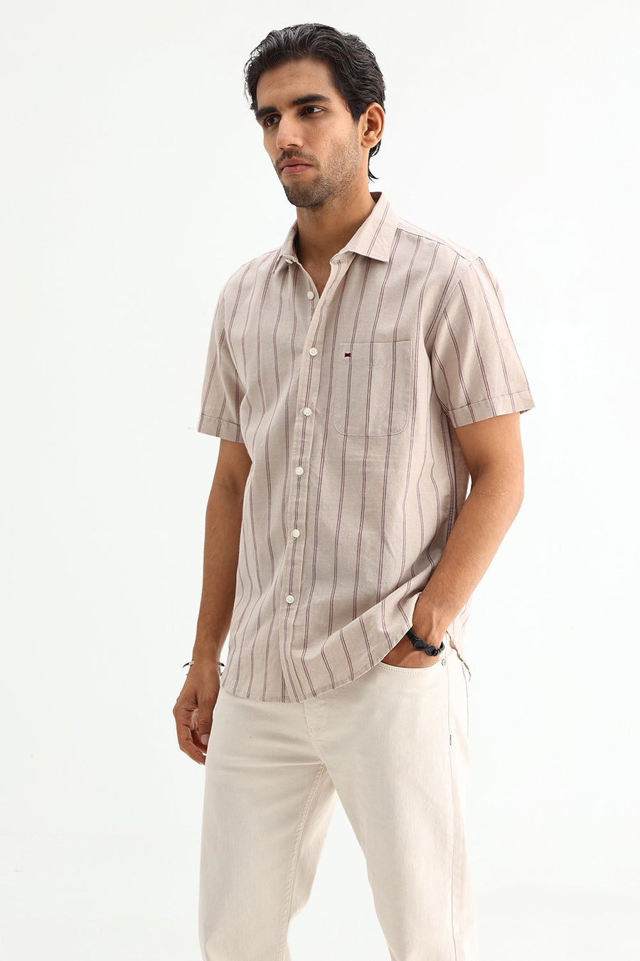 BASICS SLIM FIT BLUE COTTON LINEN STRIPE SHIRT