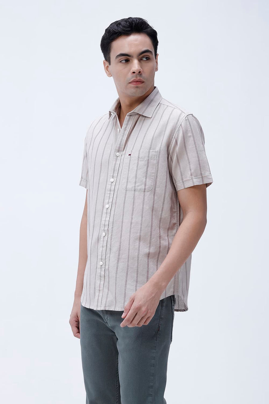BASICS SLIM FIT BLUE COTTON LINEN STRIPE HALFSLEEVES SHIRT