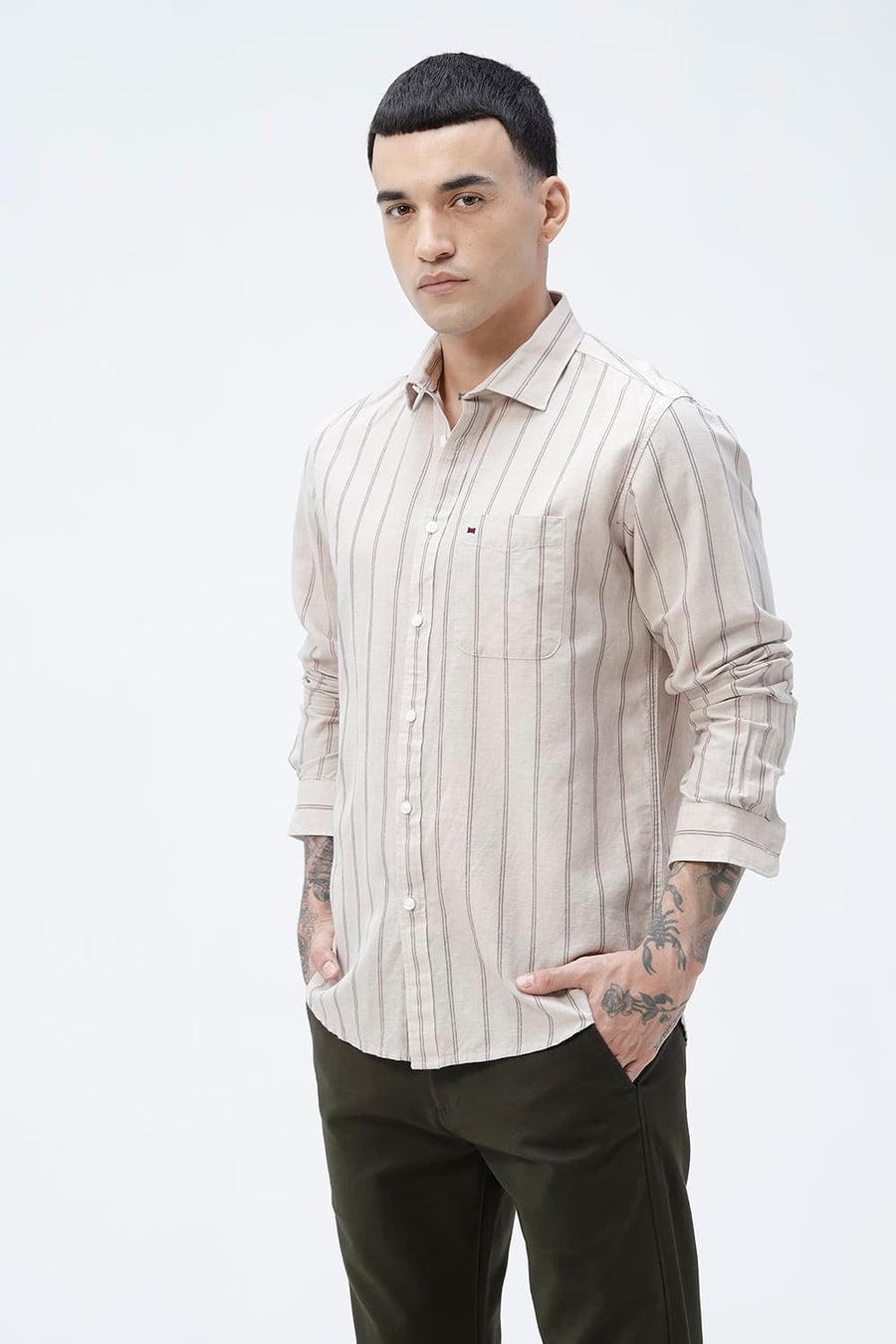 BASICS SLIM FIT BLUE COTTON LINEN STRIPE SHIRT