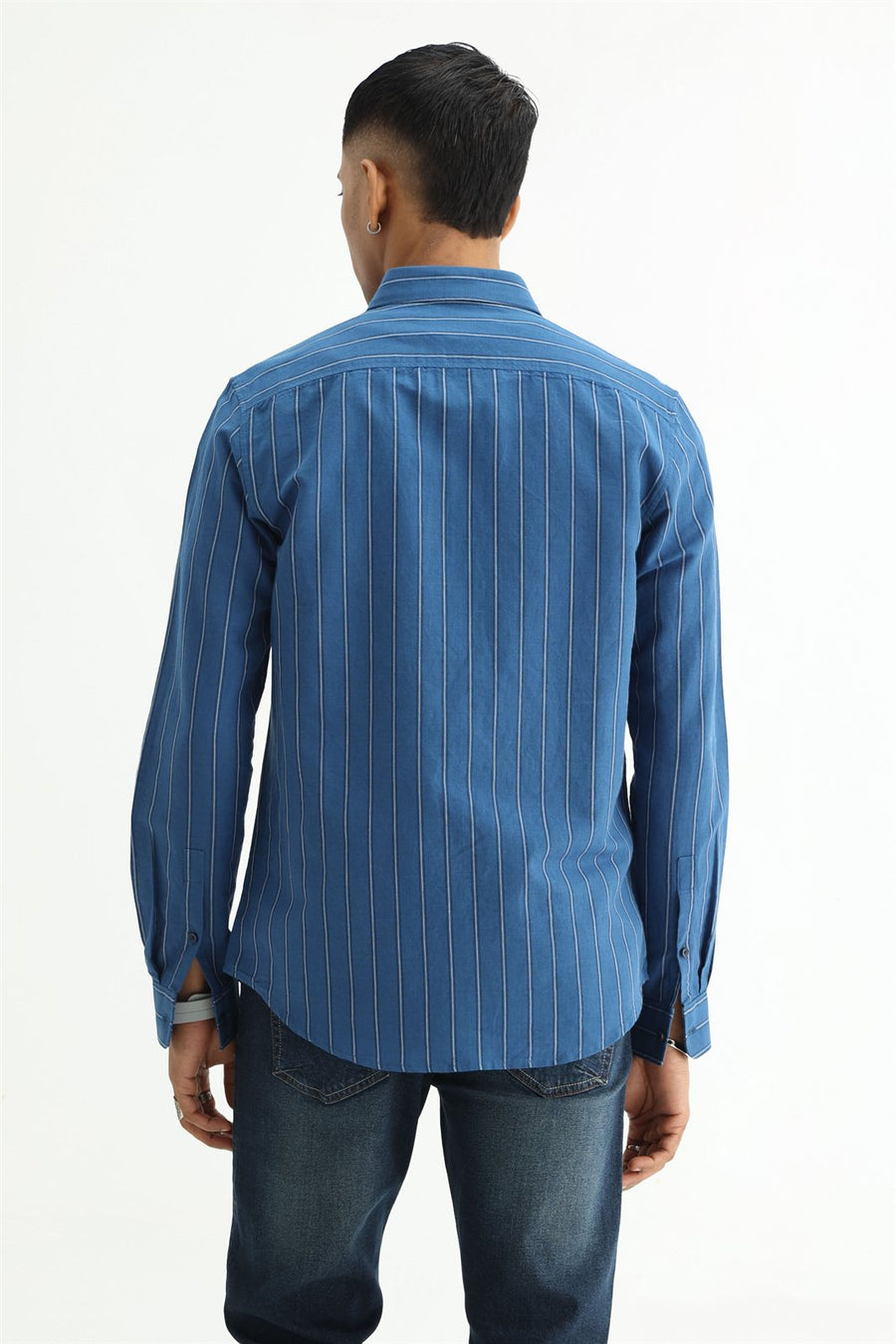 BASICS SLIM FIT BLACK COTTON LINEN STRIPE SHIRT