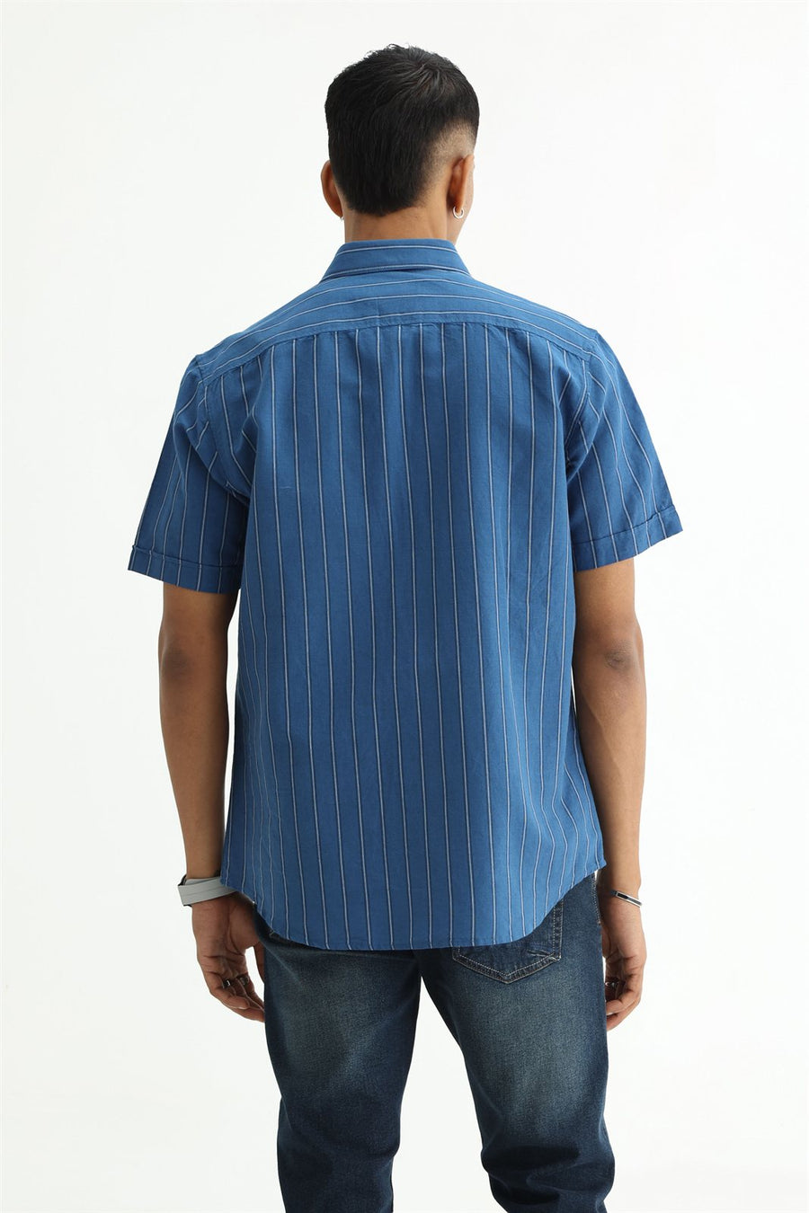 BASICS SLIM FIT BLACK COTTON LINEN STRIPE HALFSLEEVES SHIRT
