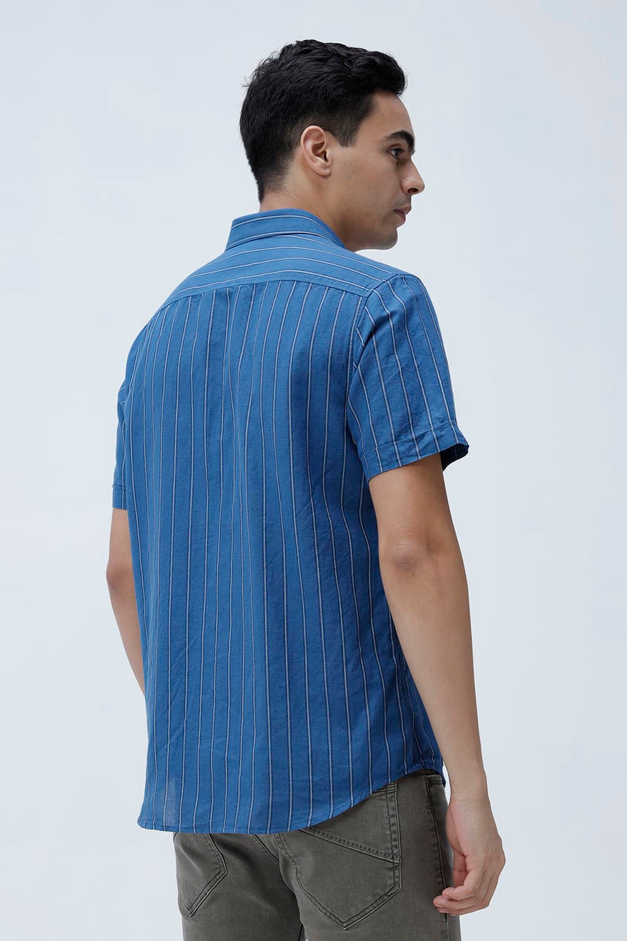 BASICS SLIM FIT BLACK COTTON LINEN STRIPE HALFSLEEVES SHIRT