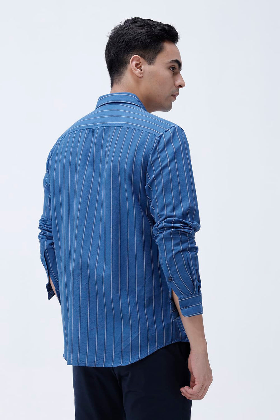 BASICS SLIM FIT BLACK COTTON LINEN STRIPE SHIRT
