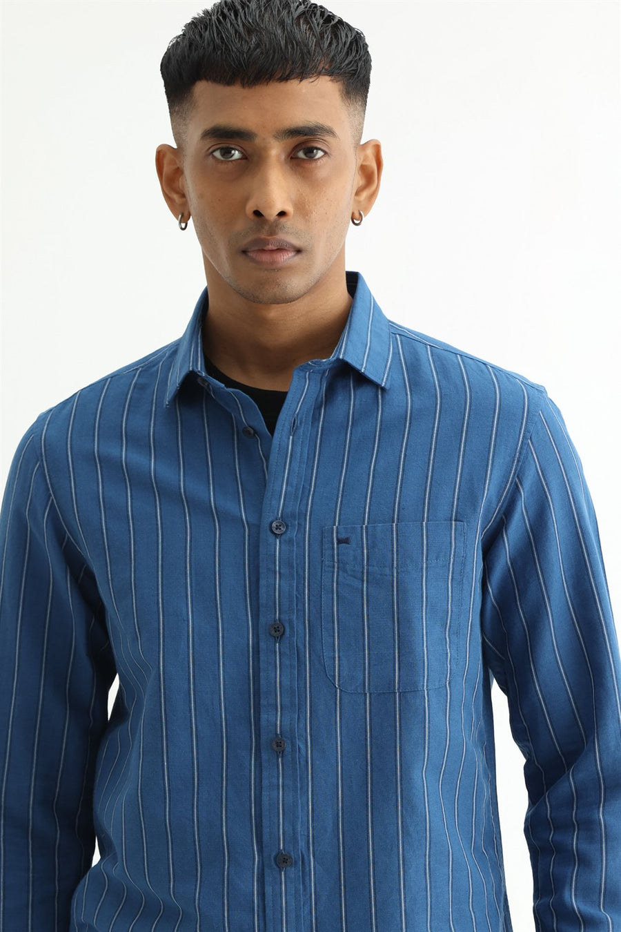 BASICS SLIM FIT BLACK COTTON LINEN STRIPE SHIRT