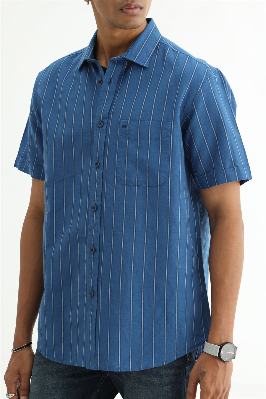 BASICS SLIM FIT BLACK COTTON LINEN STRIPE HALFSLEEVES SHIRT