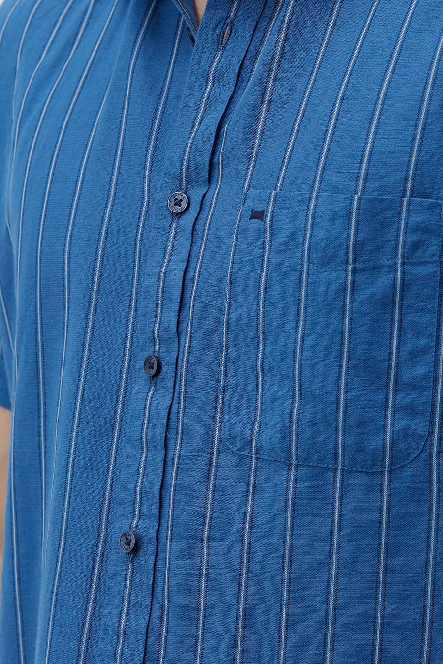 BASICS SLIM FIT BLACK COTTON LINEN STRIPE HALFSLEEVES SHIRT