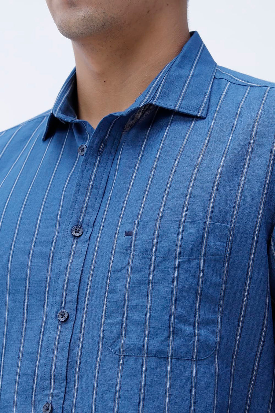 BASICS SLIM FIT BLACK COTTON LINEN STRIPE SHIRT