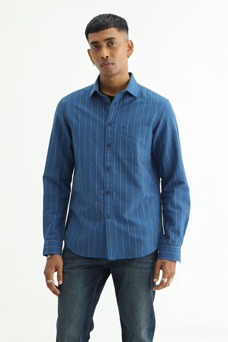 BASICS SLIM FIT BLACK COTTON LINEN STRIPE SHIRT