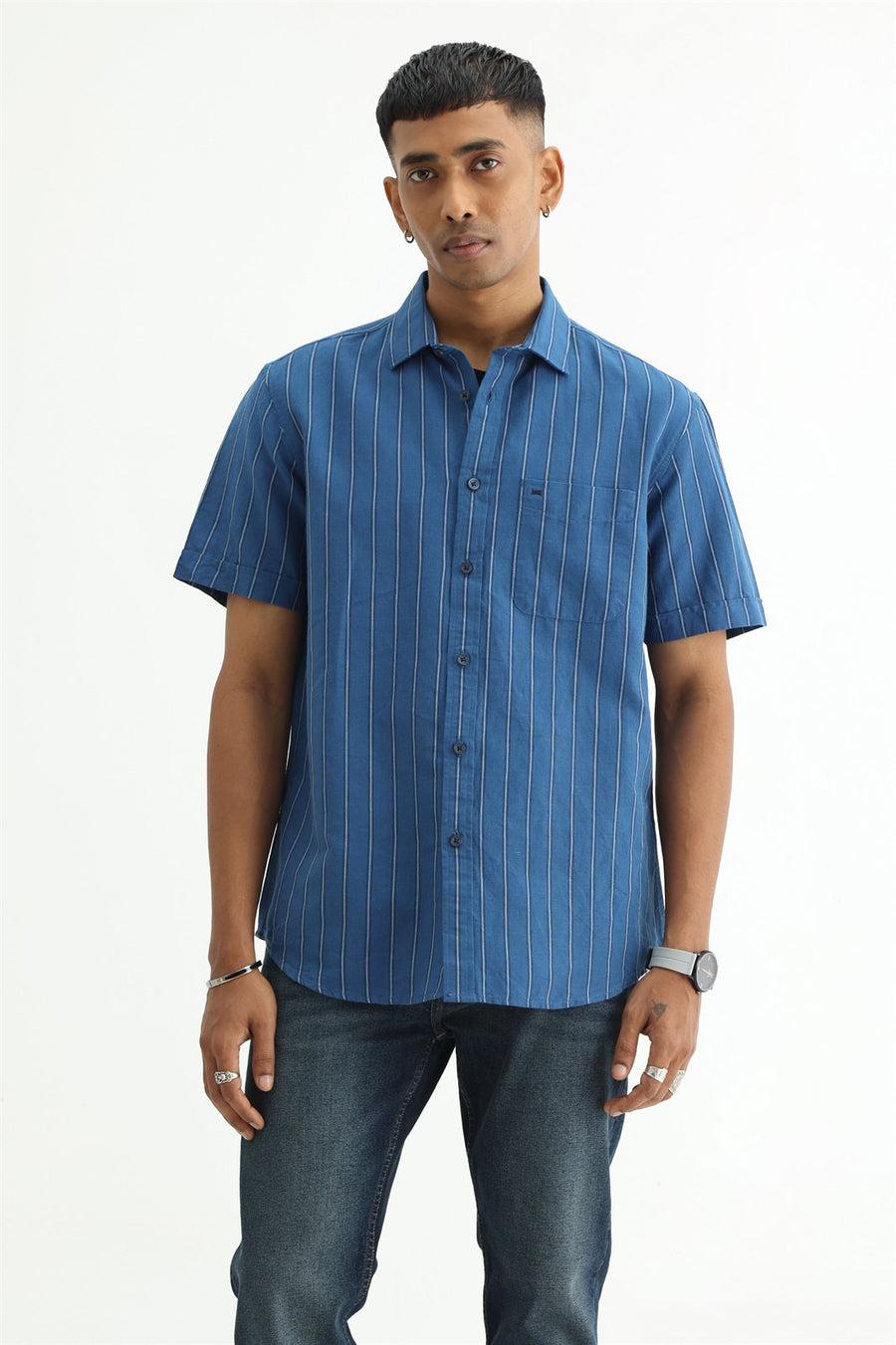 BASICS SLIM FIT BLACK COTTON LINEN STRIPE HALFSLEEVES SHIRT
