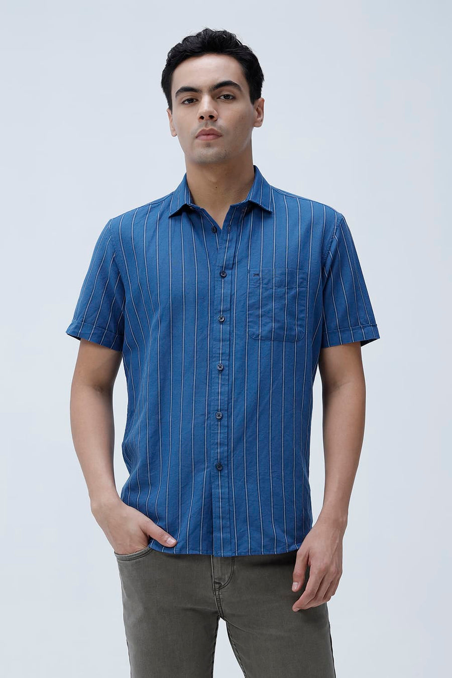BASICS SLIM FIT BLACK COTTON LINEN STRIPE HALFSLEEVES SHIRT