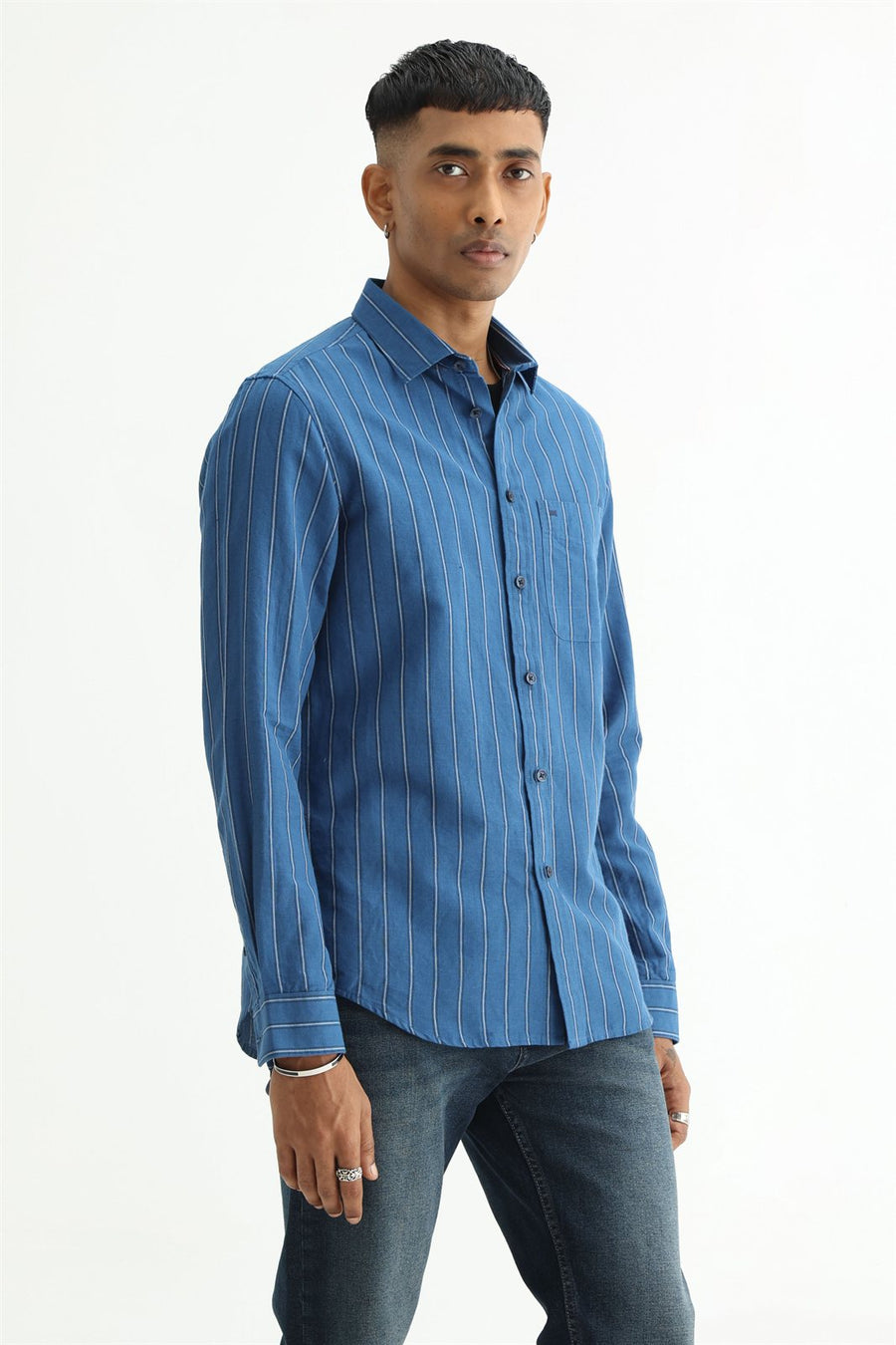 BASICS SLIM FIT BLACK COTTON LINEN STRIPE SHIRT