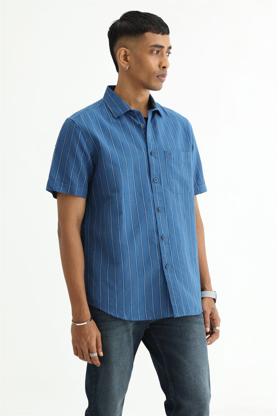 BASICS SLIM FIT BLACK COTTON LINEN STRIPE HALFSLEEVES SHIRT