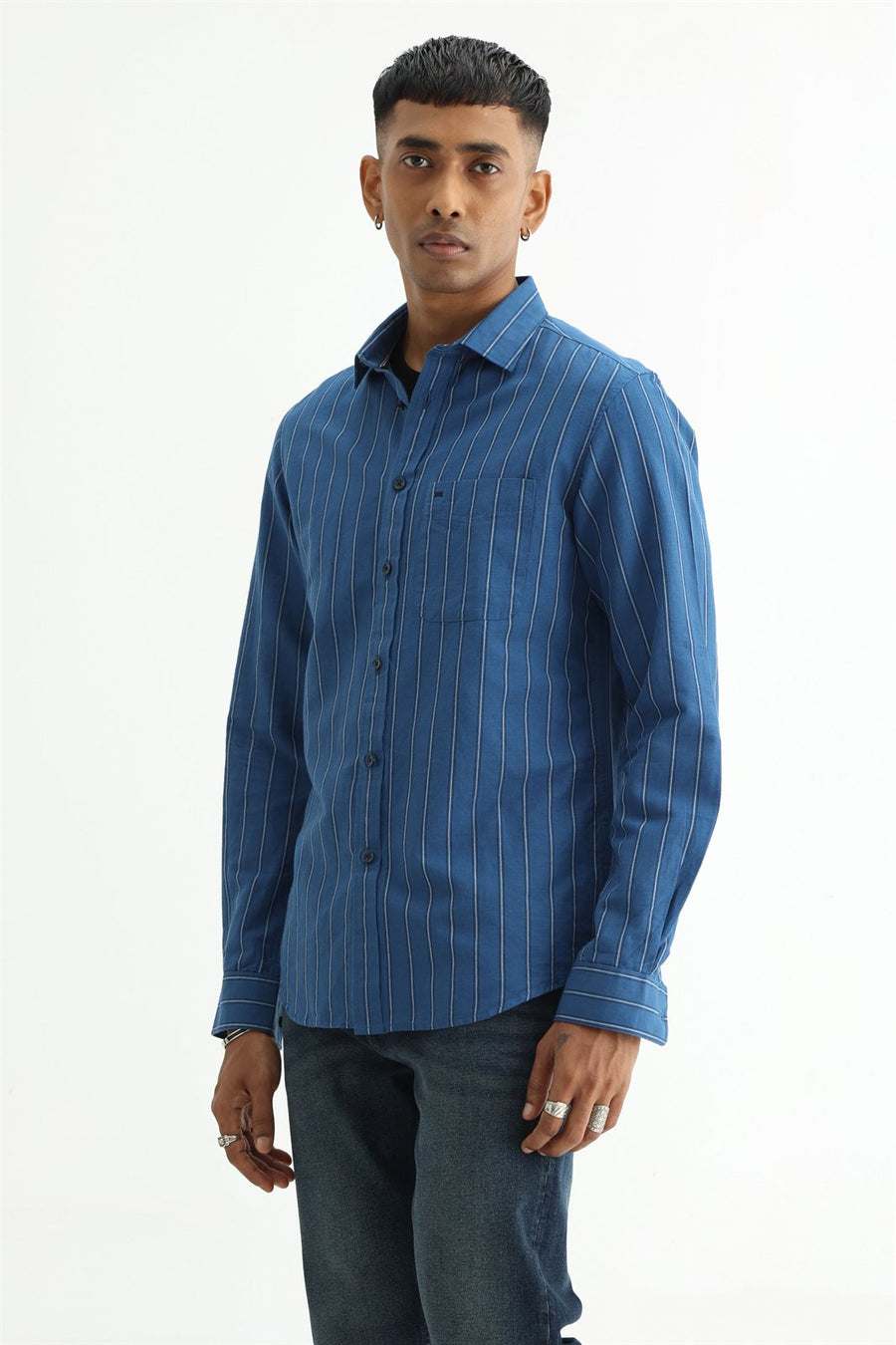 BASICS SLIM FIT BLACK COTTON LINEN STRIPE SHIRT