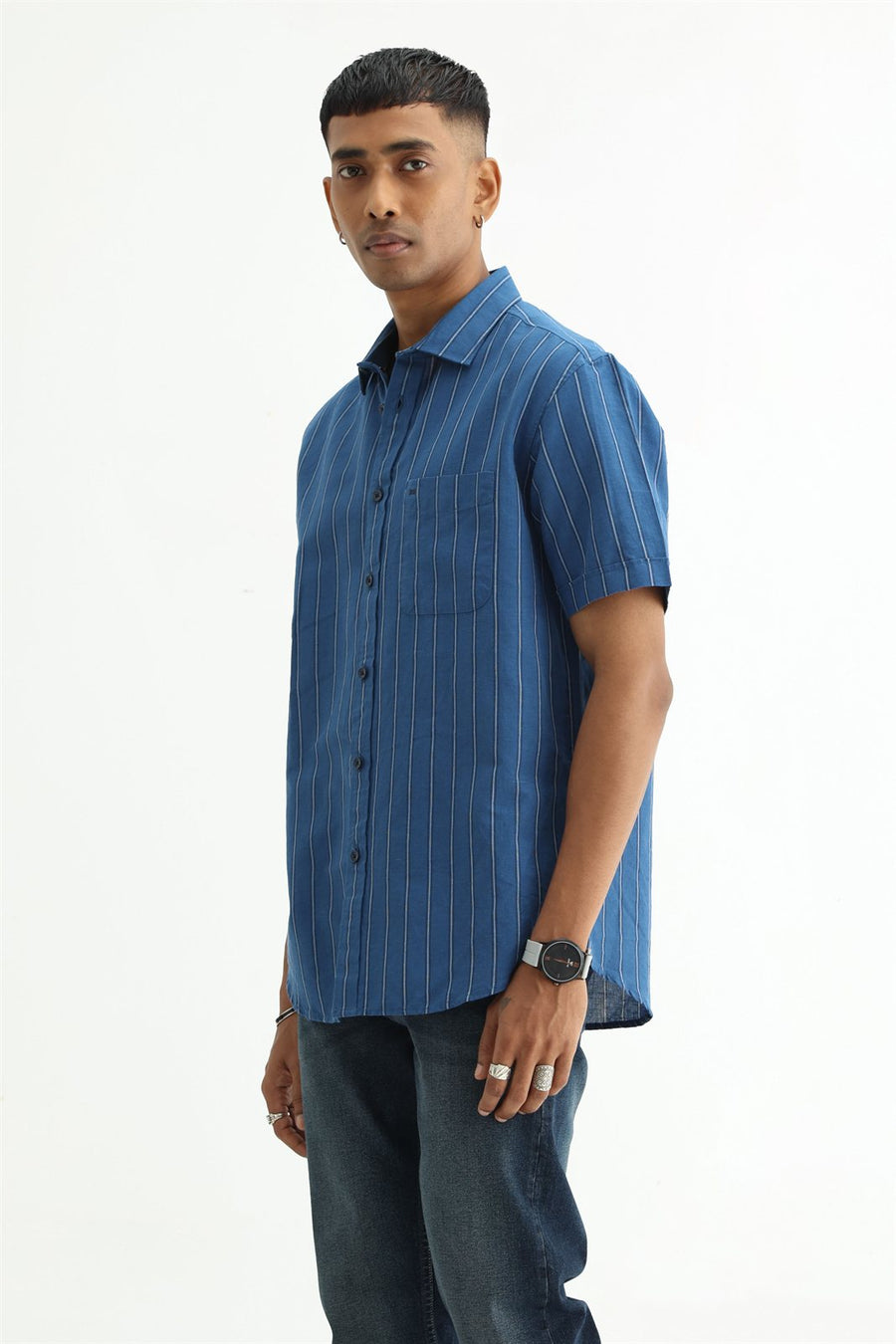 BASICS SLIM FIT BLACK COTTON LINEN STRIPE HALFSLEEVES SHIRT