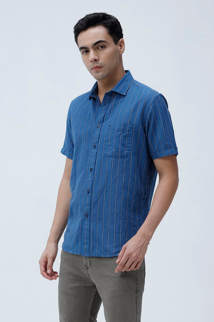 BASICS SLIM FIT BLACK COTTON LINEN STRIPE HALFSLEEVES SHIRT